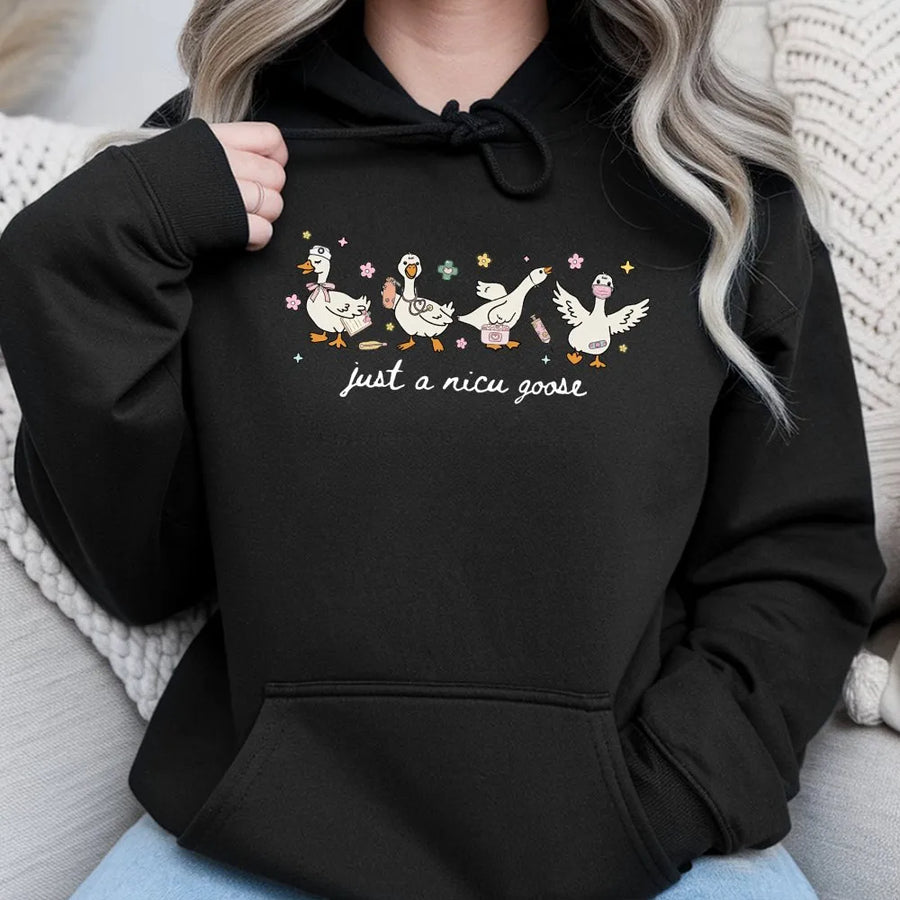 NICU Nurse Hoodie | Just A Nicu Goose Cute Graphic Design | Premium Cotton-Poly Blend Sweatshirt | Gift For Neonatal Intensive Care Nurse Grad
