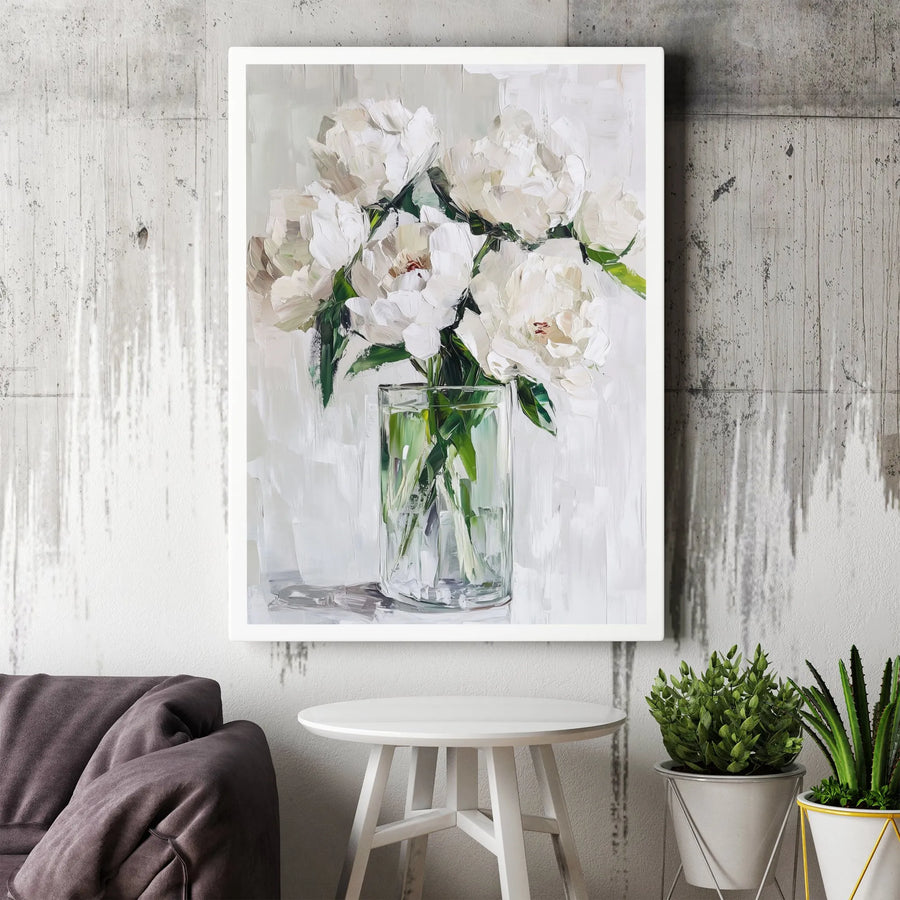 White Peony Flower Wall Art | Impressionist Oil Style Floral Painting | Premium Gallery-Wrapped Canvas | Elegant Home Office Decor Gift