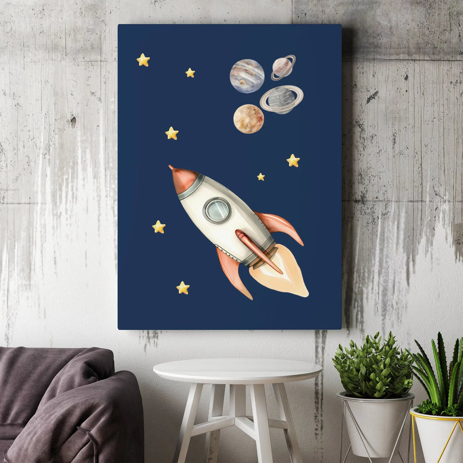 Watercolor Rocket Ship Canvas Print | Space Planets and Stars Wall Art | Premium 1.25-Inch Gallery Wrap | Nursery and Kids Room Decor