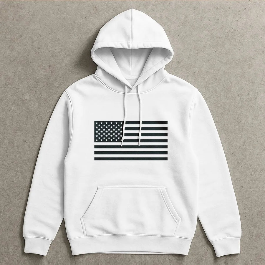 Black and White American Flag Hoodie | Monochrome USA Flag Pullover | Soft Crewneck Jumper | Patriotic Gift for Men