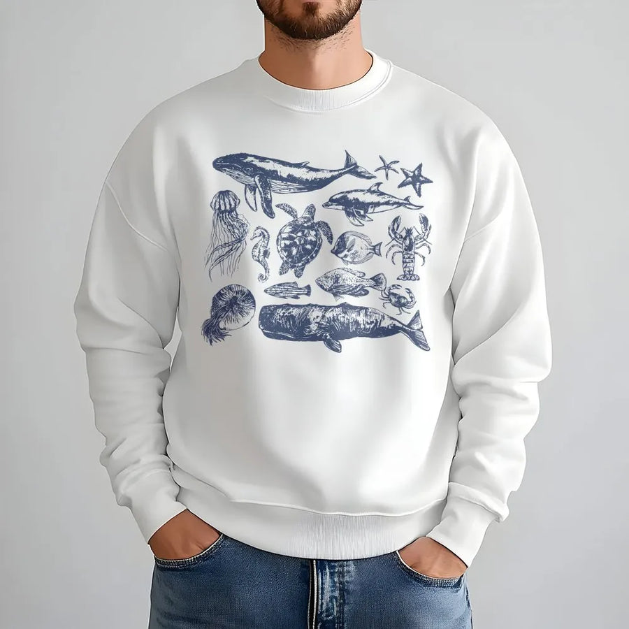 Vintage Sea Animals Sweatshirt | Marine Life Scientific Illustration | Premium Cotton Blend | Gift for Ocean Lover