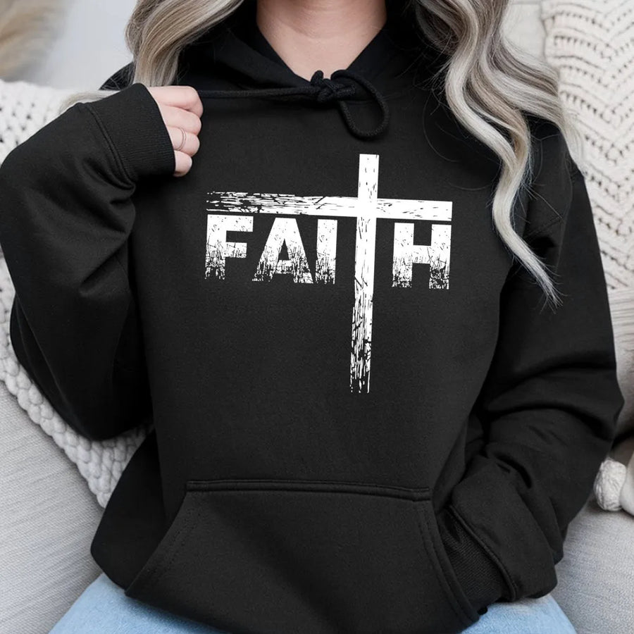 Faith Hoodie | Christian Cross Distressed Graphic Print | Premium Cotton Blend Pullover | Religious Gift for Men and Women