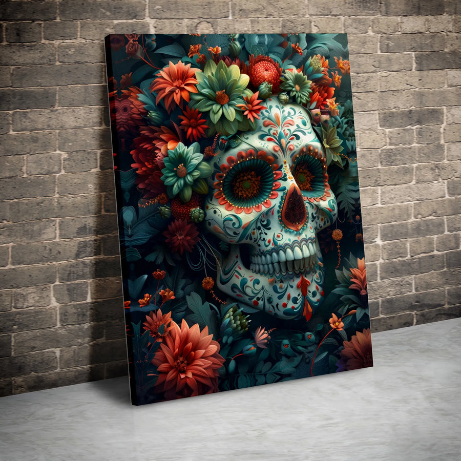 Floral Sugar Skull Wall Art | Day of the Dead Canvas Print | Premium Gallery Wrapped Decor | Dia de los Muertos Gothic Home Gift