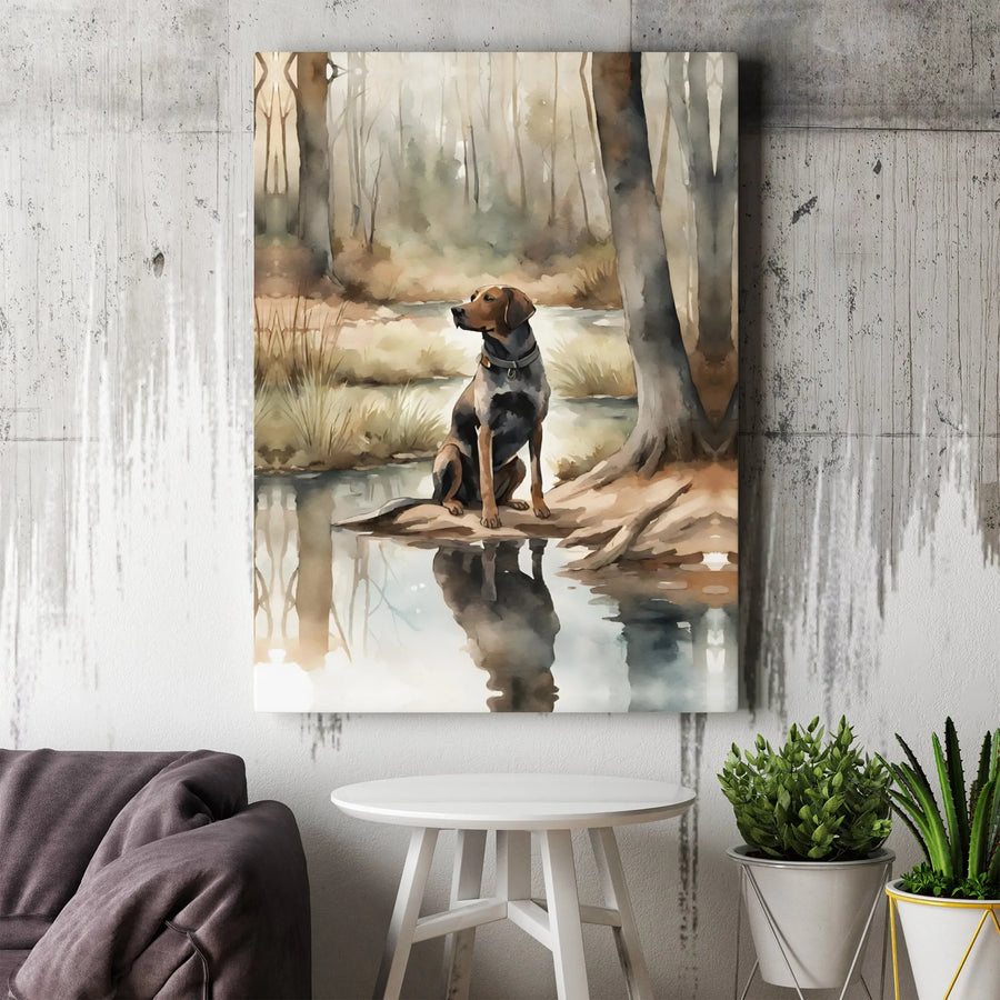 Hound Dog Canvas Print | Watercolor Forest Stream Nature Art | Premium 1.25 Inch Gallery Wrap | Gift for Dog Lover and Outdoor Enthusiast
