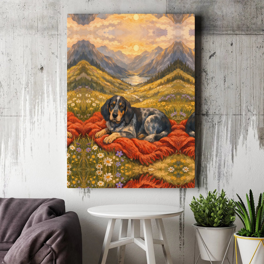 Bluetick Coonhound Canvas Wall Art | Vintage Mountain Meadow Painting | Premium Matte Canvas Print | Gift for Dog Mom, Rustic Cabin Decor