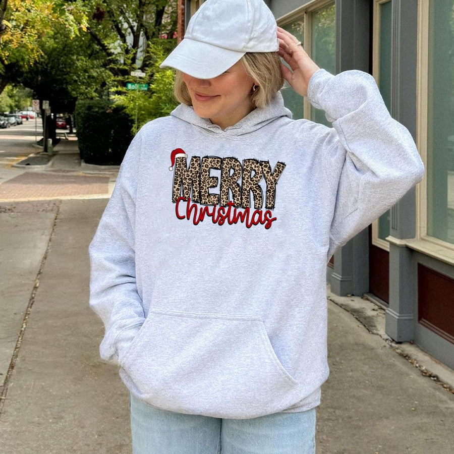 Merry Christmas Hoodie | Leopard Print Santa Hat Holiday Graphic | Premium Cotton Blend | Unisex Festive Gift for Family