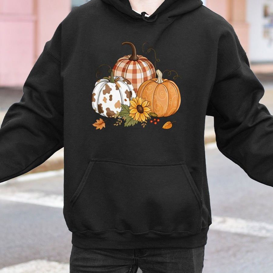 Fall Pumpkin Hoodie | Cute Cow Print Sunflower Graphic | Premium Cotton Blend | Thanksgiving Autumn Gift for Women