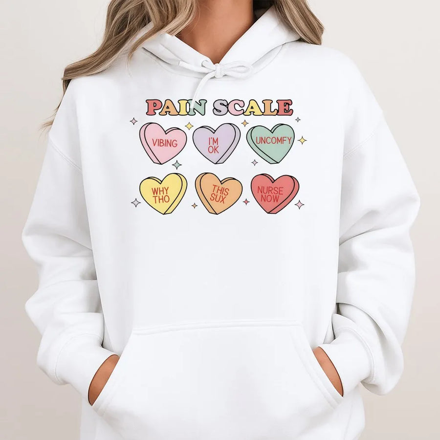 Funny Nurse Pain Scale Hoodie | Valentine's Day Candy Hearts Graphic | Soft Cotton Unisex Tee | Unique Gift for RN, LPN & Medical Humor