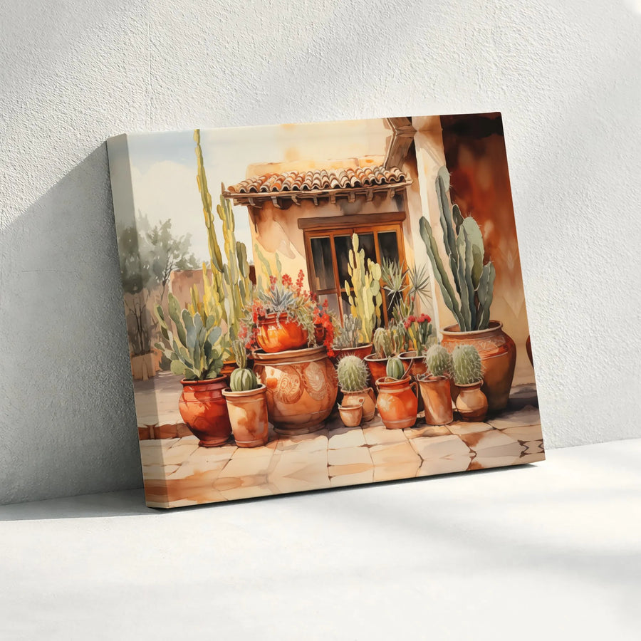 Southwestern Cactus Wall Art | Watercolor Desert Patio Scene | Premium Canvas Print | Boho Home Decor Gift for Plant Lover