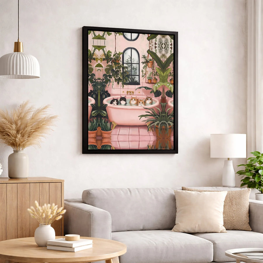 Cats in Bathtub Wall Art | Whimsical Bathroom Decor with Houseplants | Premium Fade-Resistant Canvas | Cute Cat Lover Gift Idea