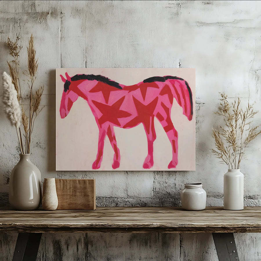 Pink Star Horse Canvas Wall Art | Modern Abstract Painting Print | Premium Thick Gallery Wrapped Canvas | Unique Equestrian Art Gift for Home Decor