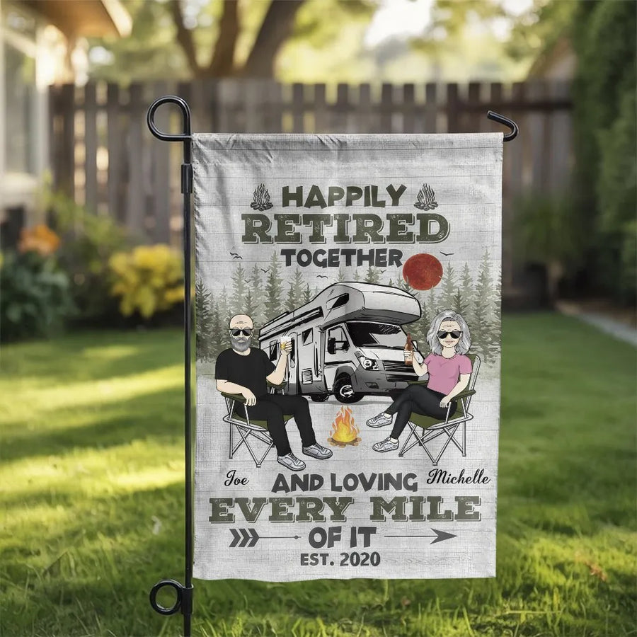 Happily Retired Camping Garden Flag | RV Camper Double Sided Outdoor Yard Banner | Premium Weatherproof Polyester | Retirement Gift for Camping Couples