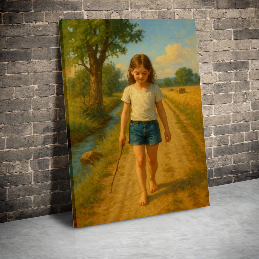 Young Girl Countryside Canvas Print | Impressionist Childhood Farm Road Art | Gallery-Quality 1.25" Profile | Rustic Home Decor Wall Art