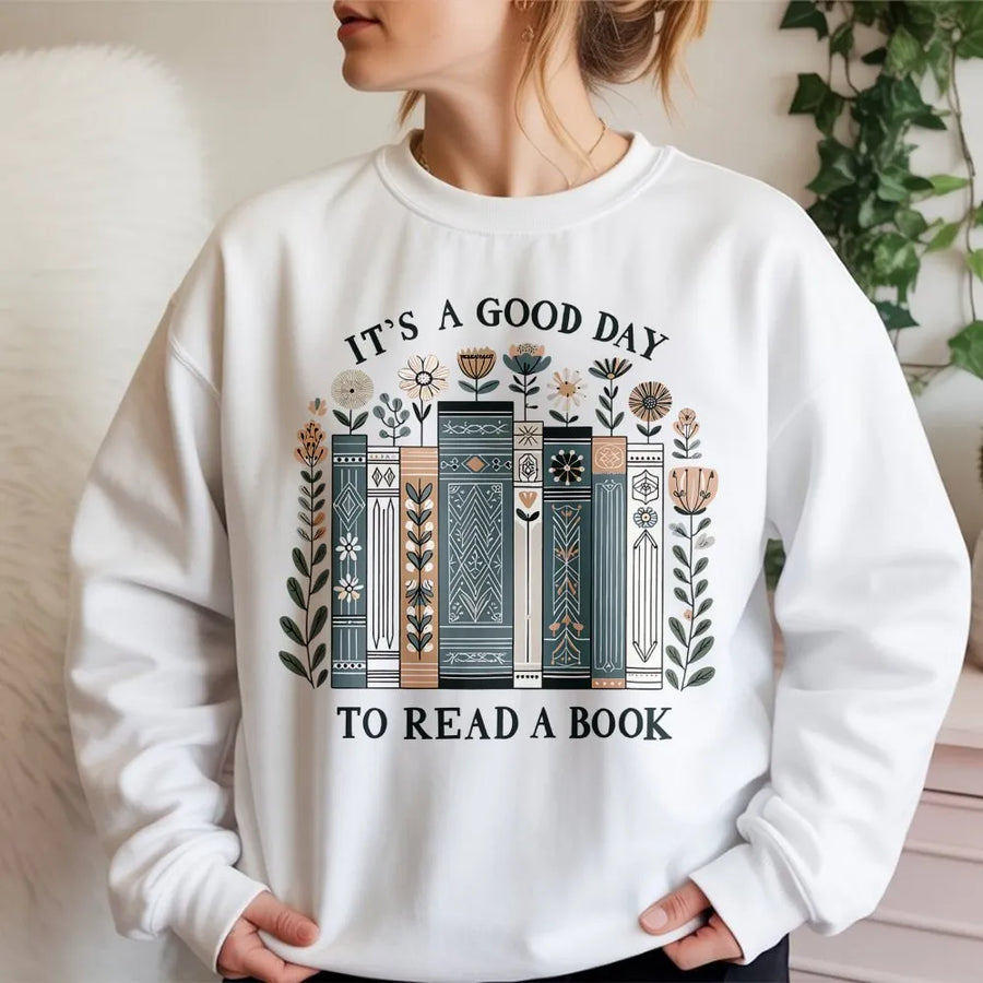It's A Good Day To Read A Book Sweatshirt | Floral Library Bookshelf Graphic | Premium Cotton Blend | Gift For Librarians, Teachers & Readers