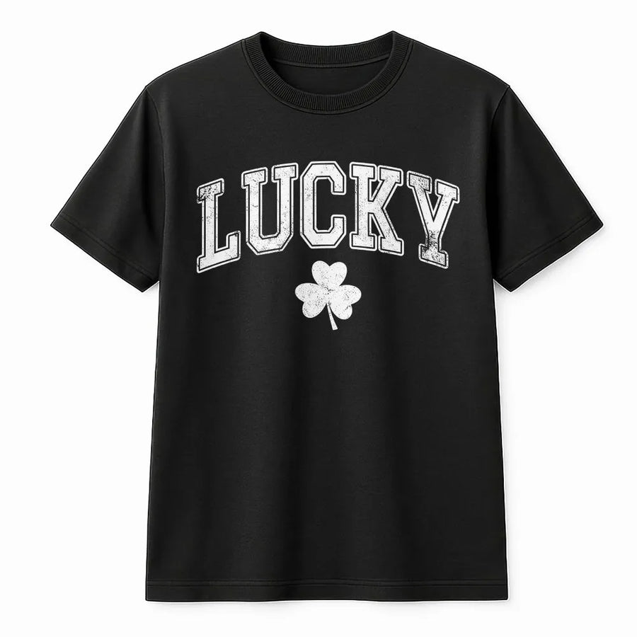 Lucky Clover T-Shirt | Retro Varsity Lettering Graphic | 100% Soft Cotton Premium Tee | St Patricks Day Gift for Men and Women