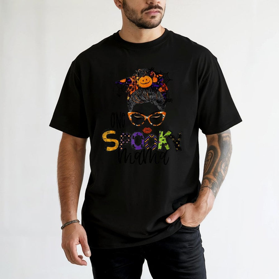 One Spooky Mama T-Shirt | Halloween Pumpkin Messy Bun Graphic | 100% Premium Cotton | Cute Autumn Gift For Mom