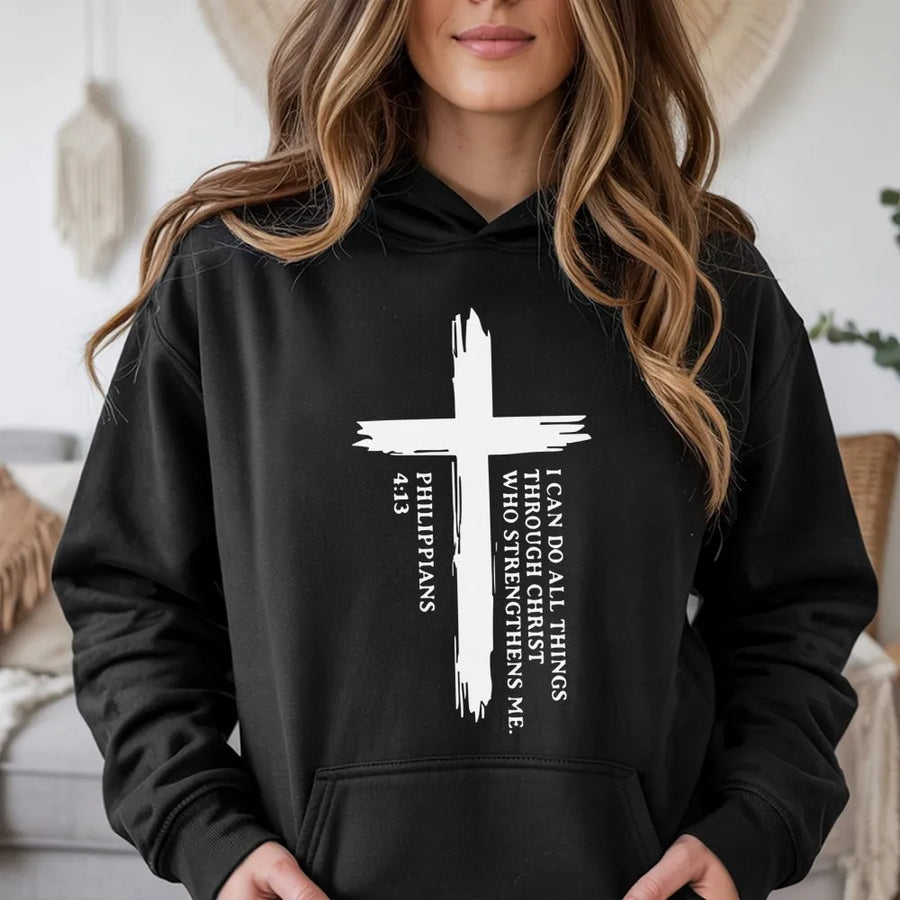 Philippians 4:13 Hoodie | I Can Do All Things Through Christ Cross Design | Premium Cotton Blend | Christian Faith Gift for Men and Women