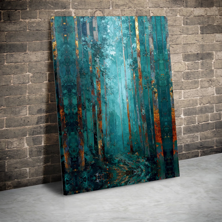 Teal and Gold Forest Canvas Wall Art | Abstract Woodland Painting | Premium 1.25" Gallery Wrap | Modern Home Decor for Living Room Bedroom