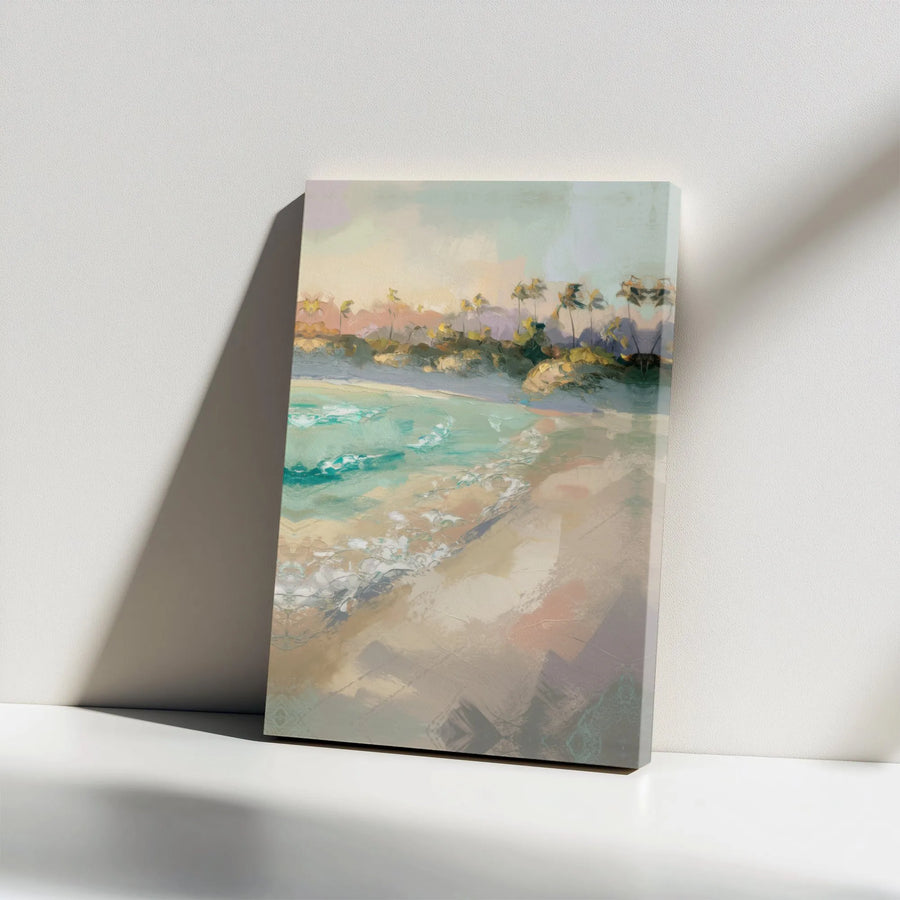 Abstract Beach Canvas Wall Art | Modern Seascape Painting with Palm Trees | Premium Frameless Gallery Wrap | Living Room Decor Gift