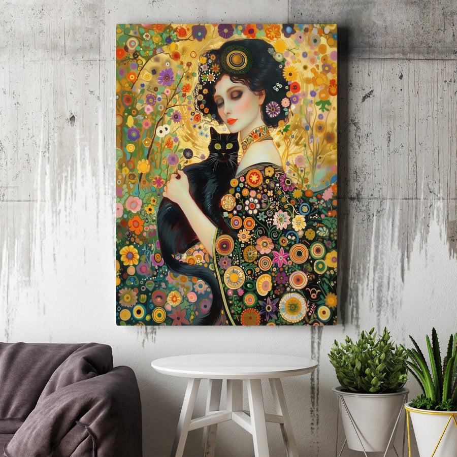 Art Nouveau Canvas Print | Woman With Black Cat Floral Gold Wall Art | Premium Gallery Wrapped Decor | Unique Gift For Cat Lovers