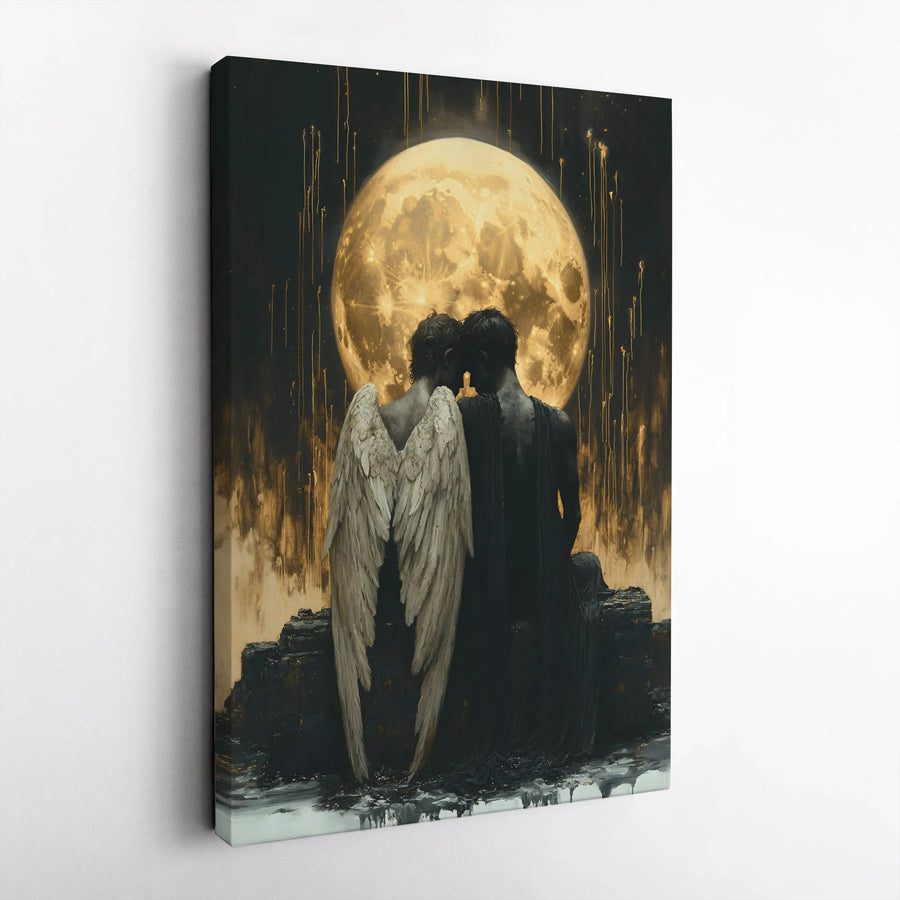 Angel and Demon Lovers Canvas | Romantic Gothic Moon Art Print | 1.25 Inch Premium Gallery Wrap | Dark Fantasy Home Decor Gift