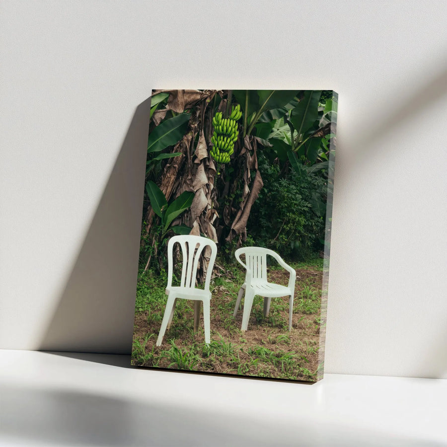 Banana Tree Canvas Wall Art | Surreal Garden Chairs Photography | Premium Gallery Wrap Print | Tropical Nature Home Decor