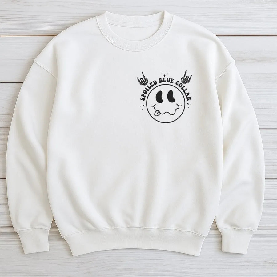 Spoiled Blue Collar Sweatshirt | Skeleton Hands Smiley Face Graphic | Premium Cotton Blend | Funny Relationship Gift For Her