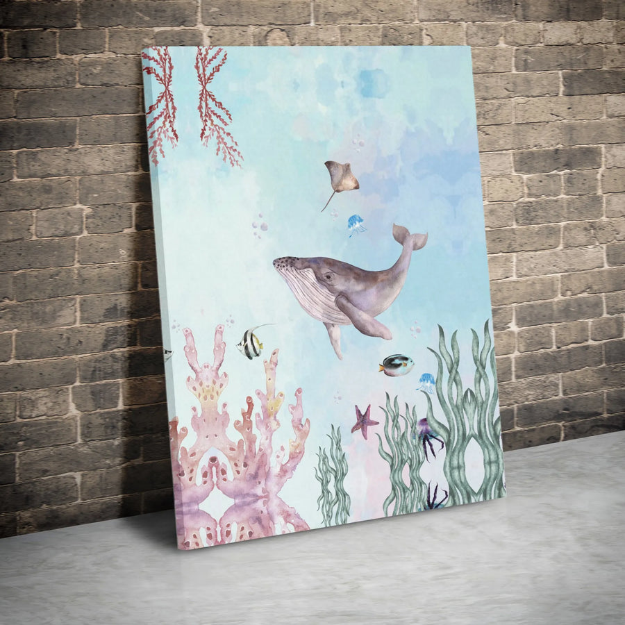 Watercolor Whale Canvas Wall Art | Underwater Ocean Scene Print | Premium Gallery Wrapped Canvas | Nautical Nursery Decor Gift