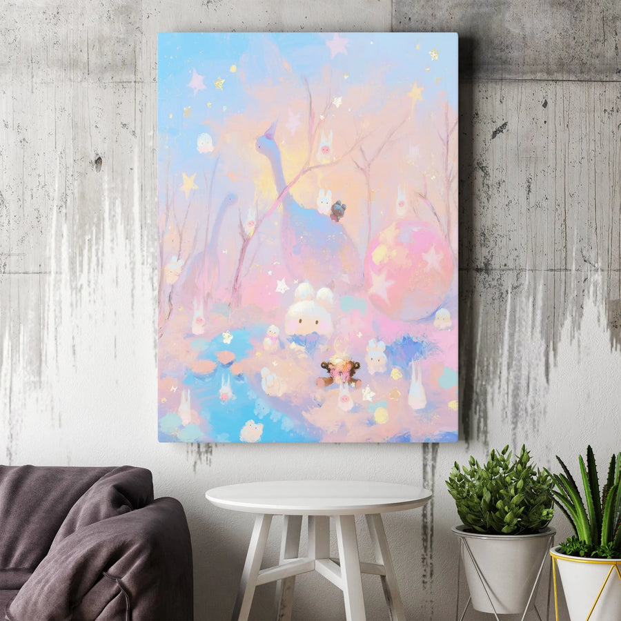 Kawaii Bunny & Dinosaur Vertical Canvas | Whimsical Pastel Forest Print | Premium Gallery Wrapped Canvas | Nursery & Kids Room Decor Gift