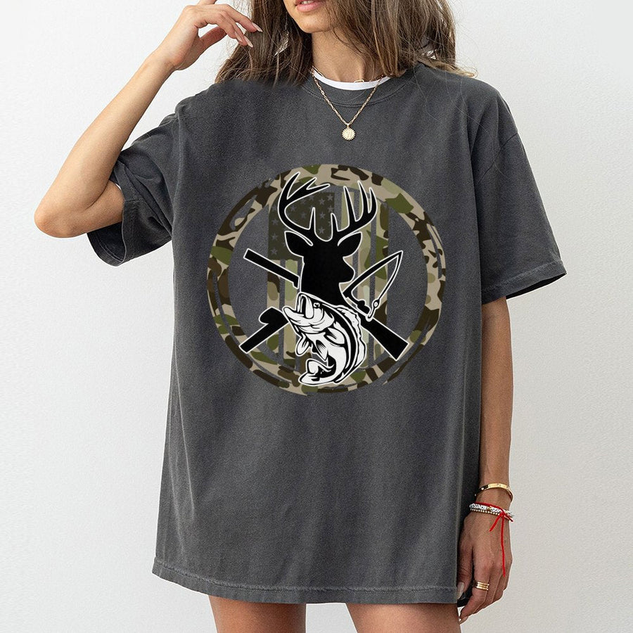Hunting Fishing Graphic T-Shirt | Camo American Flag Deer Antlers Design | Premium Cotton Tee | Outdoor Gift for Men and Women