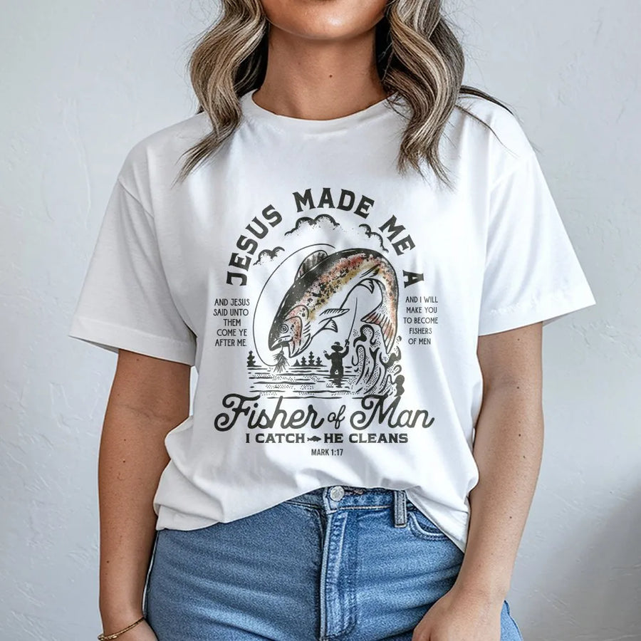 Fisher of Men T-Shirt | Christian Trout Fishing Bible Verse Graphic | Premium Cotton-Blend | Faith Based Gift for Angler