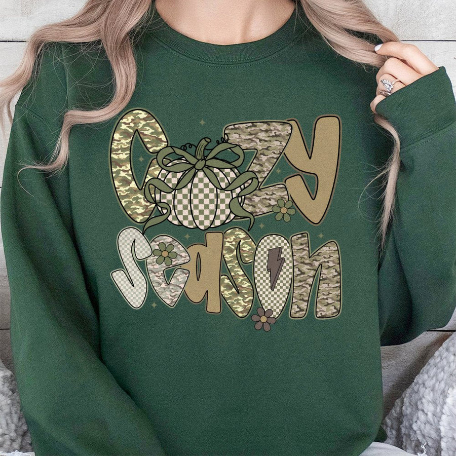 Cozy Season Camo Sweatshirt | Pumpkin Western Graphic Pullover | Soft Cotton Blend Fall Apparel | Trendy Autumn Gift for Women and Men