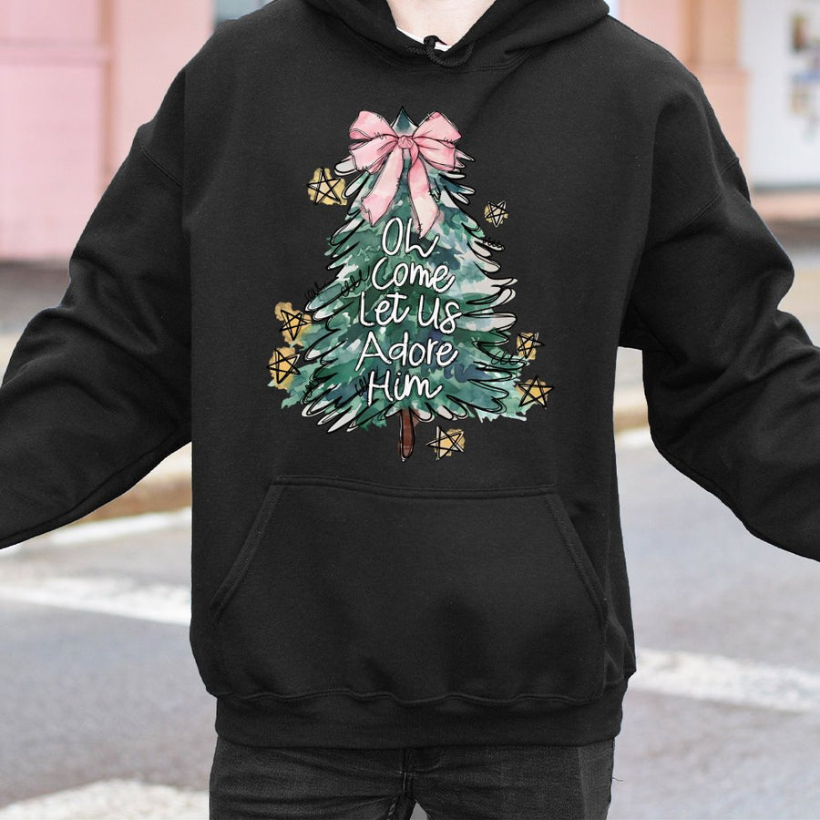 Oh Come Let Us Adore Him Hoodie | Coquette Bow Christmas Tree Graphic | Cotton-Blend Religious Sweatshirt | Faith Based Holiday Gift For Her