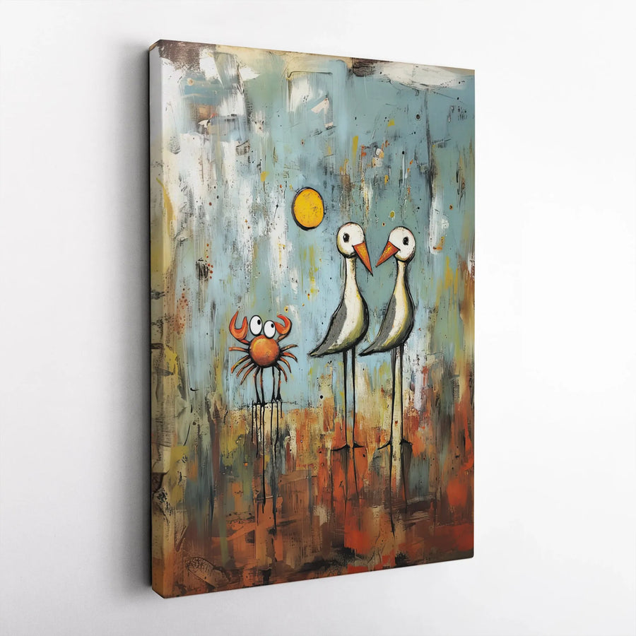 Abstract Seabird and Crab Canvas Art | Modern Coastal Painting Print | Premium Gallery Wrapped Canvas | Beach House Wall Decor Gift