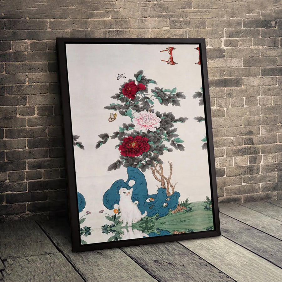 Japanese Cat Wall Art | White Kitty With Heterochromia & Peonies | Gallery Quality Canvas | Premium Home Decor Gift