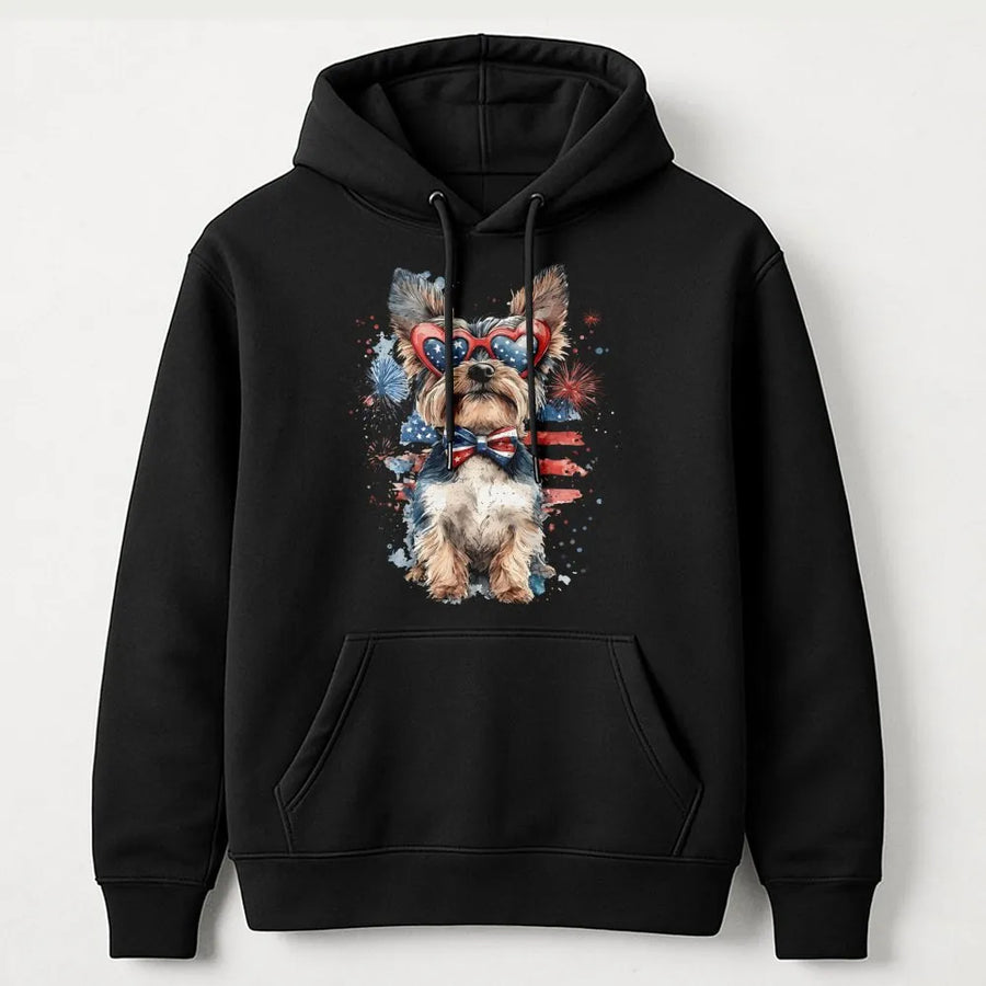 Patriotic Yorkie Hoodie | Watercolor American Flag Graphic | Premium Cotton Blend | 4th of July Gift for Dog Lover