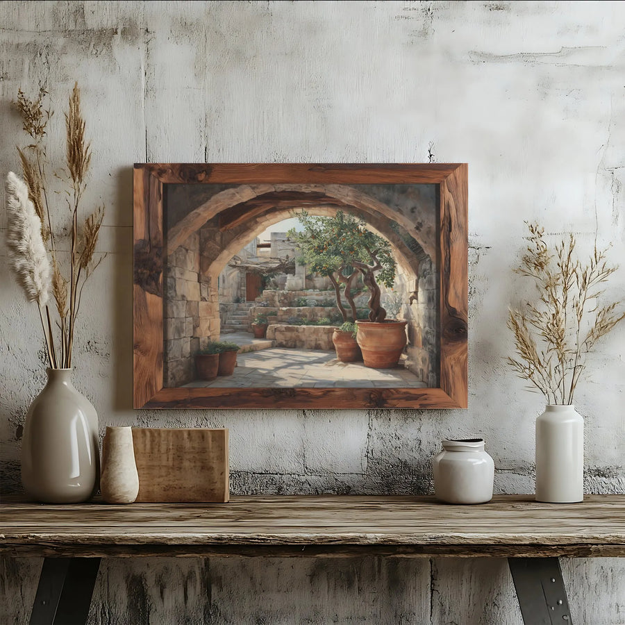 Rustic Mediterranean Canvas Print | Sunlit Courtyard Scene with Printed Wood Frame | Premium Gallery Wrapped Wall Art | Tuscan Farmhouse Decor Gift