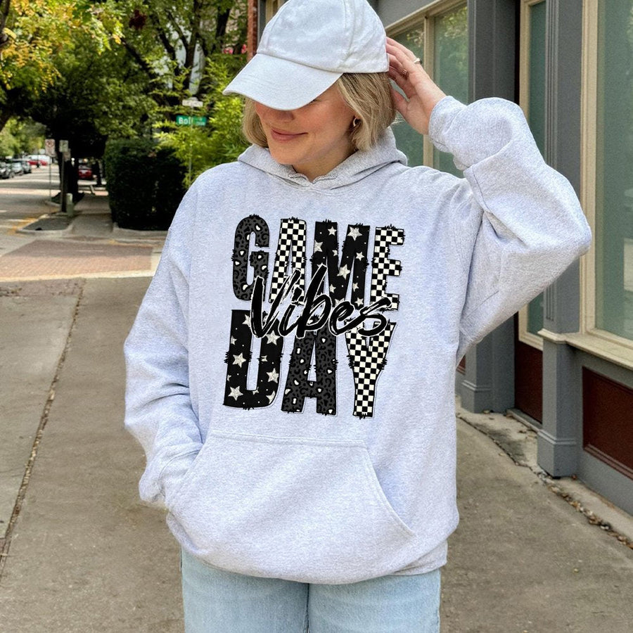 Game Day Vibes Hoodie | Checkered Leopard Print Sport Graphic | Cotton-Blend Premium Apparel | Trendy Gift For Football Mom Fan