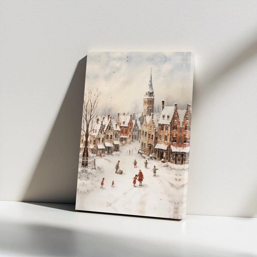 Winter Village Canvas Wall Art | Snowy European Town Watercolor Print | Gallery Wrapped Premium Decor | Cozy Holiday Home Gift