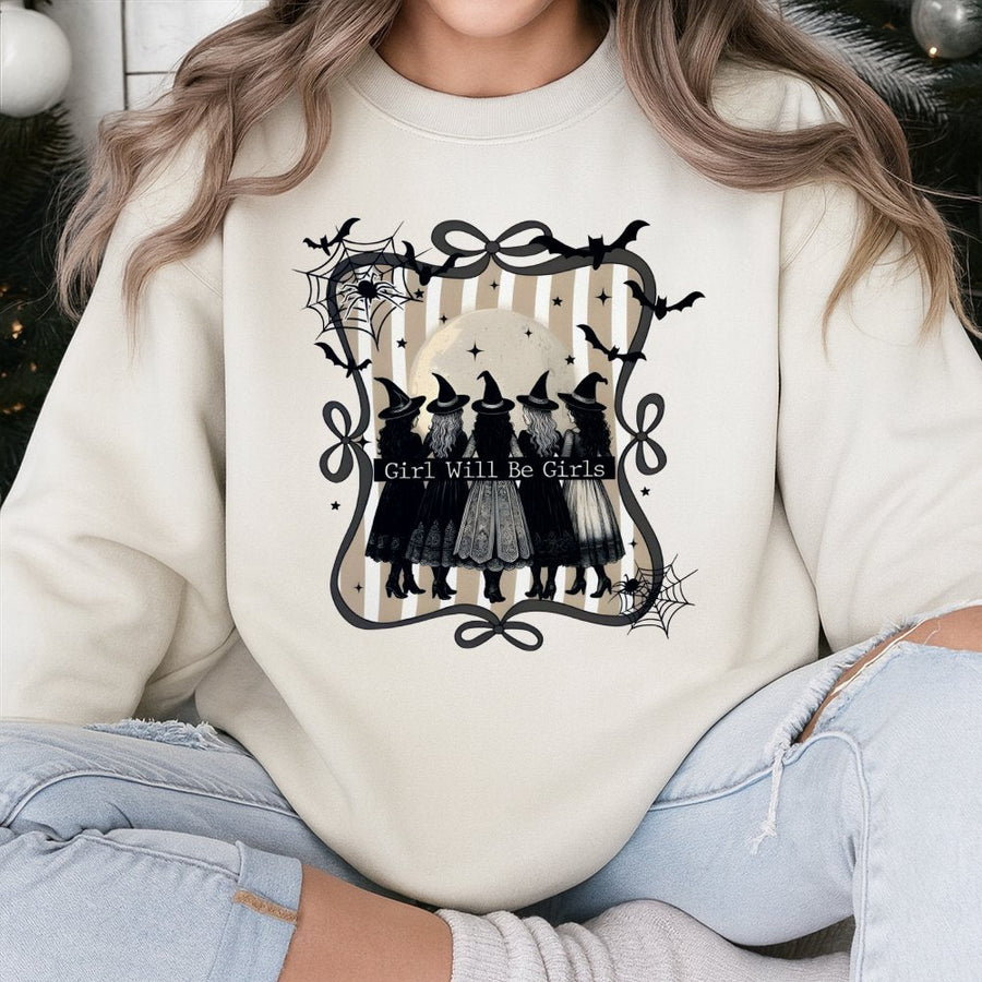 Witch Squad Halloween Sweatshirt | Girls Will Be Girls Graphic Print | Premium Cotton Blend | Spooky Fall Outfit for Women & Witchy Friends