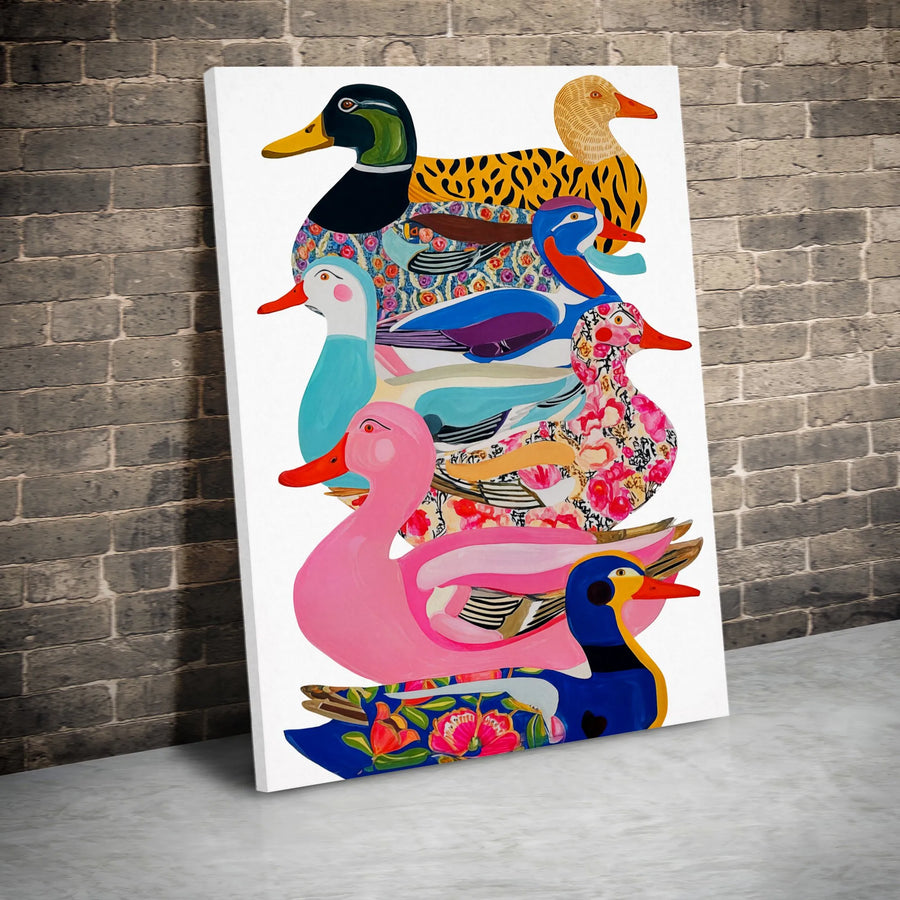 Stacked Ducks Wall Art | Colorful Floral Bird Print | Premium 1.25-Inch Gallery Wrapped Canvas | Whimsical Nursery or Home Decor Gift