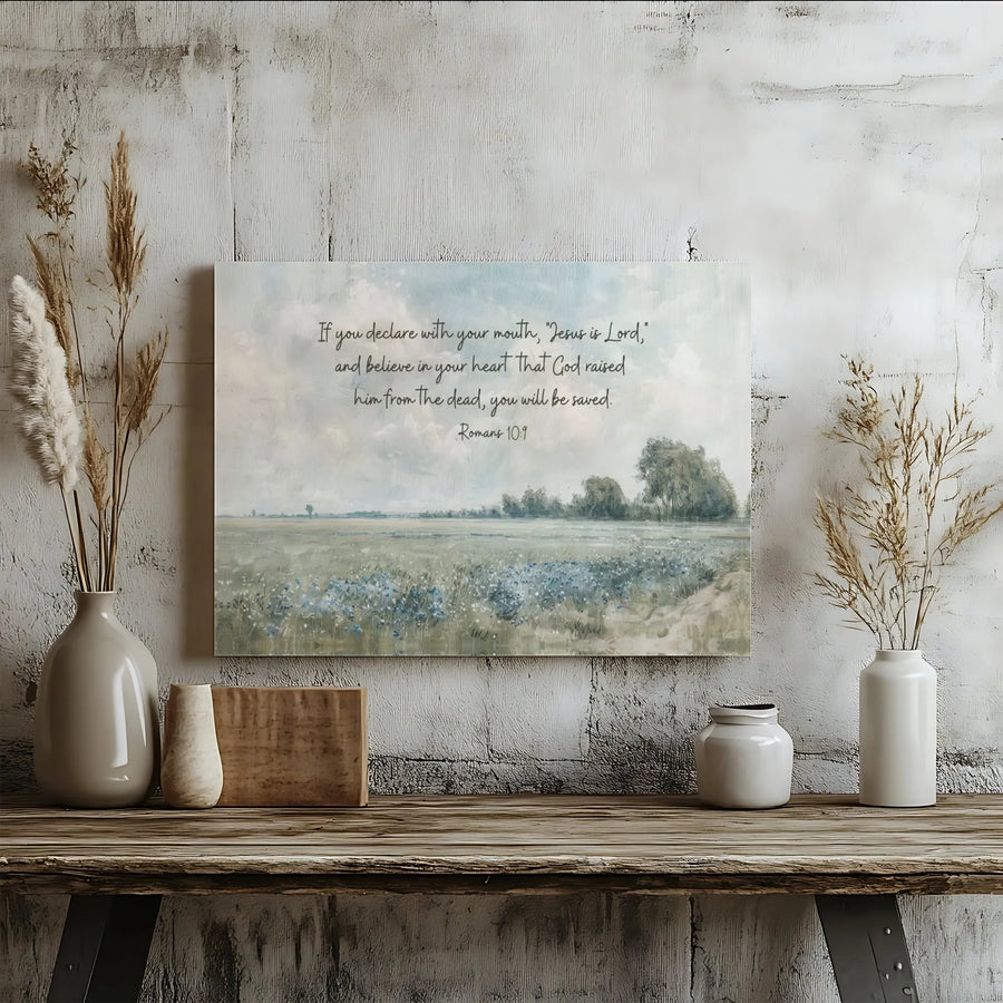 Romans 10:9 Bible Verse Wall Art | Watercolor Meadow Script Canvas Print | Premium Gallery-Wrapped Religious Decor | Christian Gift for Home