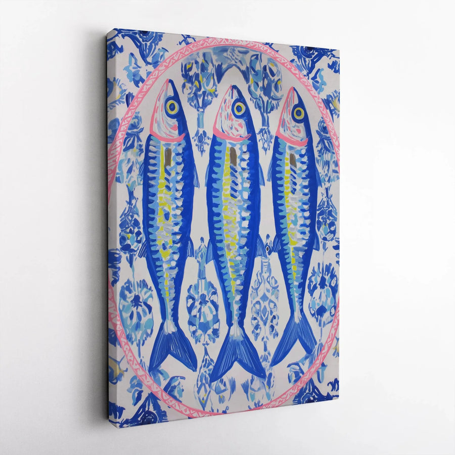 Blue Fish Canvas Wall Art | Mediterranean Azulejo Tile Print | Premium Gallery Wrap Decor | Coastal Kitchen Beach House Gift