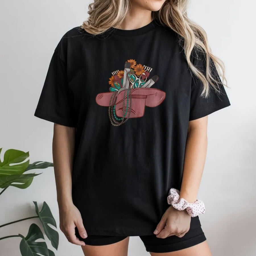 Hairstylist T-Shirt | Western Cowboy Hat Hair Tools Design | Premium Soft Cotton Graphic Tee | Gift for Cosmetologist and Hairdresser