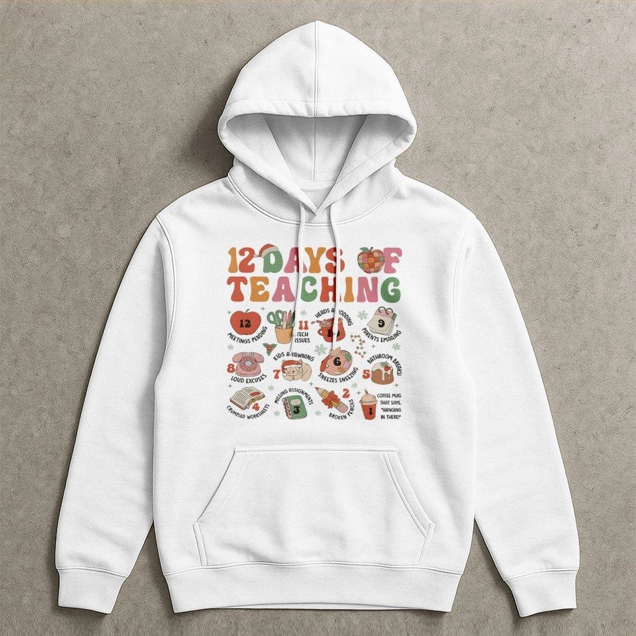 12 Days Of Teaching Christmas Teacher Hoodie | Retro School Supplies Graphic | Premium Cotton-Poly Blend | Funny Holiday Gift For Teachers
