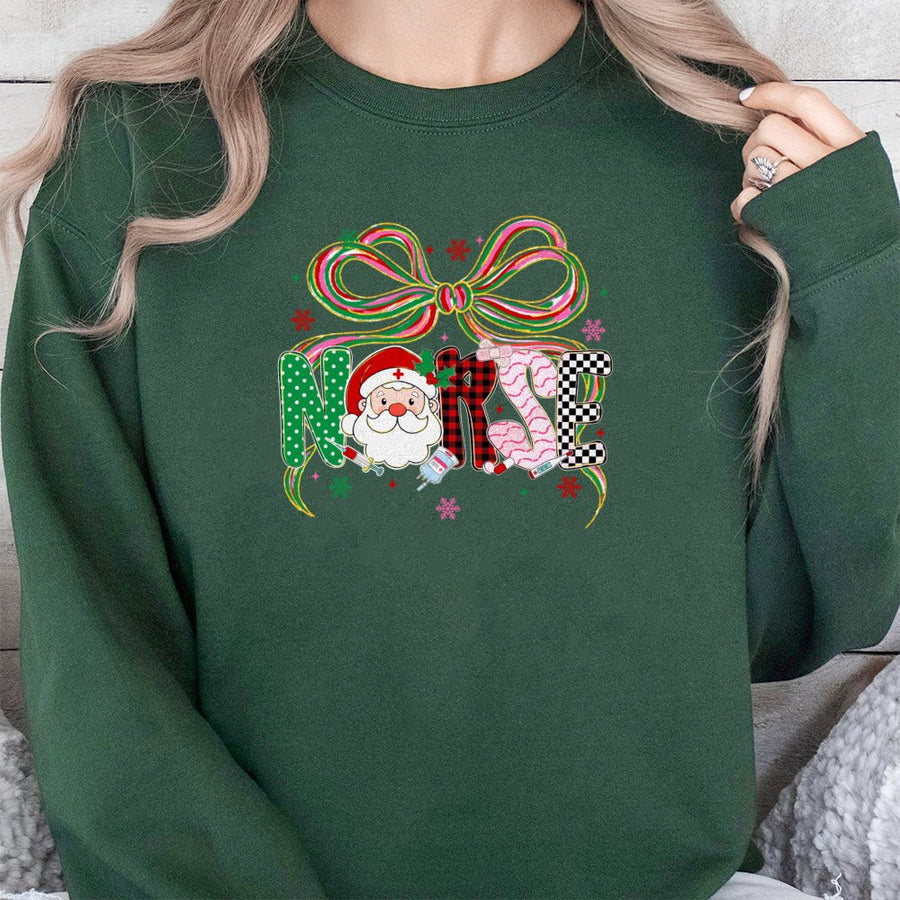 Christmas Nurse Sweatshirt | Santa Coquette Bow Graphic | Premium Cotton Blend | Holiday Nursing School Gift for RN LPN CNA