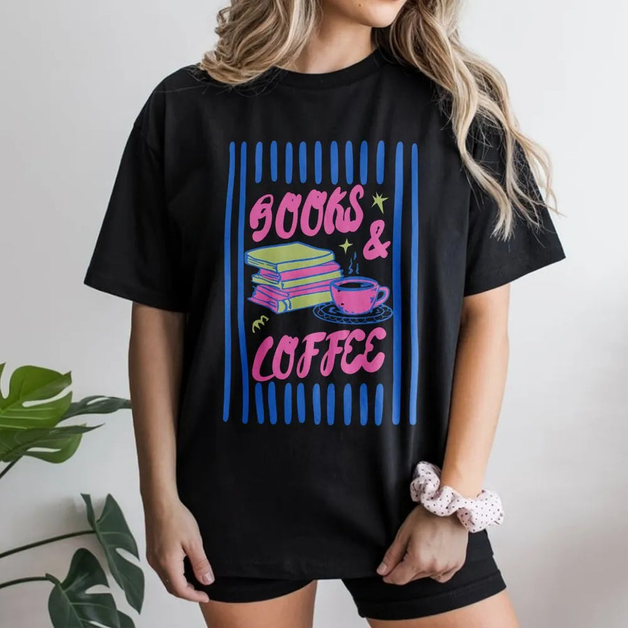 Retro Books and Coffee T-Shirt | Graphic Tee for Bookworms | Premium Soft Cotton | Book Lover and Reader Gift