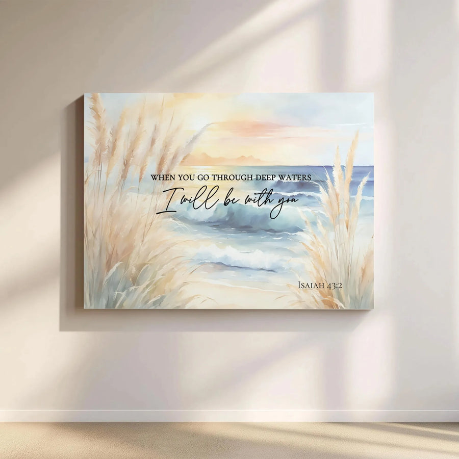 Isaiah 43:2 Bible Verse Canvas | Coastal Beach Landscape Print | Premium 1.25" Gallery Wrap | Christian Home Decor Wall Art Gift