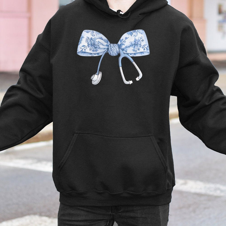 Nurse Coquette Bow Hoodie | Floral Stethoscope Graphic | Premium Cotton Blend | Nursing School Gift for Her