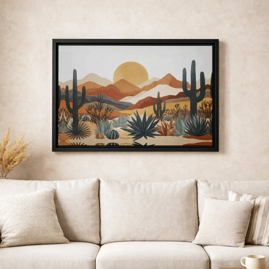Boho Desert Landscape Wall Art | Mid-Century Modern Saguaro Cactus Canvas | Premium 1.25" Gallery Wrap | Southwest Home Decor Gift